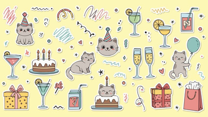 Adorable Cats Celebrating Birthday with Cakes and Cocktails.