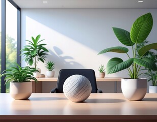 Minimalist office interior with sunlight and plants creating a serene workspace for focus and creativity, promoting wellness and productivity