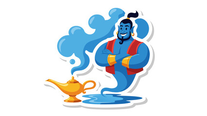 Naklejka premium A Blue Genie Emerges From a Magic Lamp With Wisps of Smoke on a Black Background