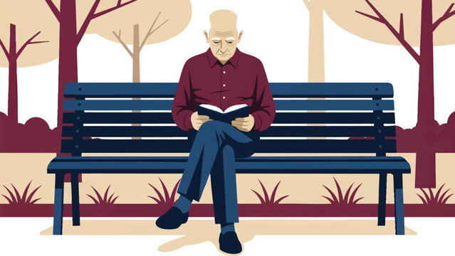 Senior man reading a book on a park bench in an autumnal setting. Solitary elderly person enjoying leisure time and relaxation, retirement lifestyle concept, flat vector illustration.