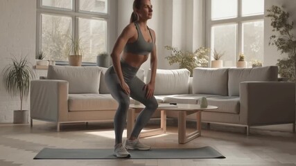 Woman in activewear doing a squat exercise in a bright room. The exercise emphasizes fitness and healthy living Stock video