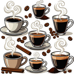 Obraz premium Create a kinds of deferent natural Aromatic cup of black coffee vector art with white background.