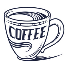Monochrome illustration of a coffee cup with decorative lettering in a classic vintage style