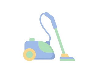 Modern flat design illustration of a blue and green canister vacuum cleaner, representing home tidiness, household chores, and effective floor cleaning for domestic hygiene