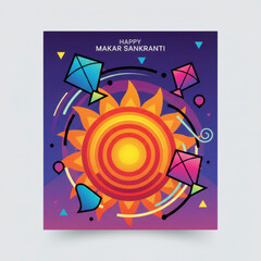 A vibrant abstract illustration of the sun radiating light, featuring kites and wheat stalks, symbolizing the Indian festival of Makar Sankranti as the festival of light and harvest.