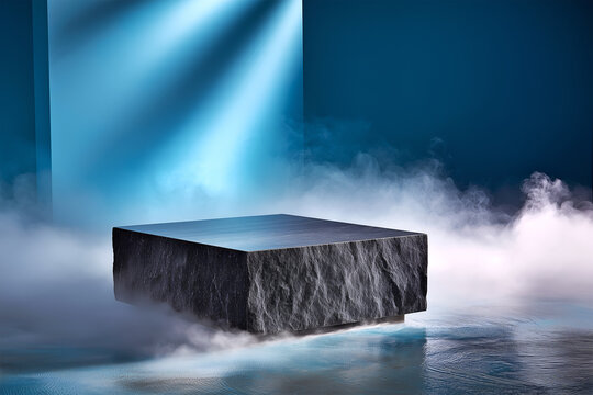 Dramatic dark basalt stone podium surrounded by blue fog and beam lights above a reflective water surface, ideal for luxury product presentations.