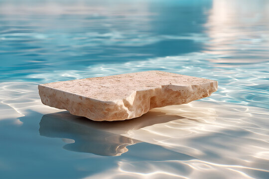 Floating natural stone podium above shimmering turquoise water with soft reflections, perfect for luxury spa, skincare or summer cosmetic branding.