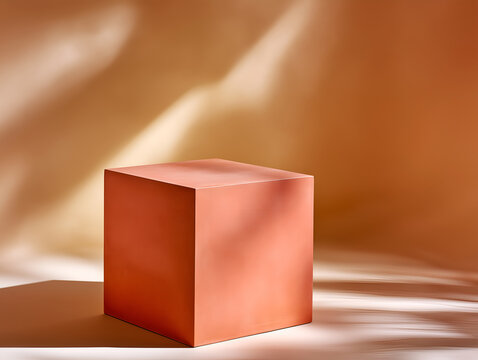 Single matte terracotta cube podium in warm light, minimal studio scene ideal for cosmetics, skincare or small product branding.