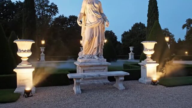 Evening Garden Scene With Illuminated Statues, Urns, Benches, and Ambient Lighting