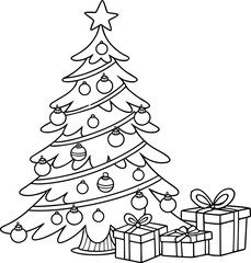 Simple line drawing of a decorated Christmas tree with ornaments garlands and gifts in clean vector style for coloring book pages