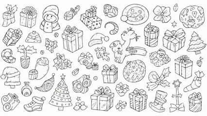 Christmas themed line art illustrations of various festive objects.