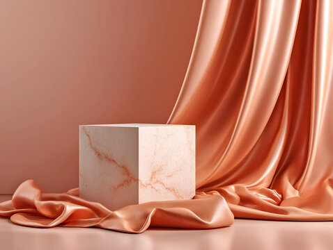 Warm terracotta satin draped around a marble-textured cube pedestal on a soft monochrome background, elegant scene for cosmetics, perfume or jewelry branding.