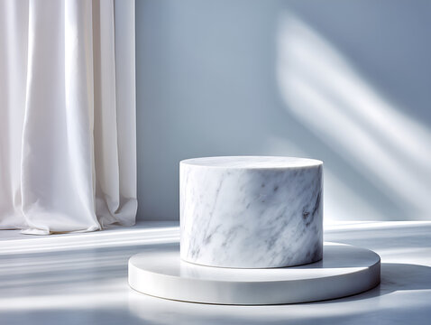 White marble cylindrical podium in soft daylight with soft fabric backdrop, ideal minimal background for luxury cosmetics, skincare or jewelry.