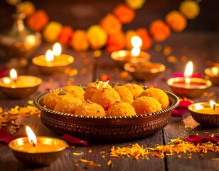 Bright festive Diwali scene orange sweets on dish, candles, garlands & flower petals on wooden surface