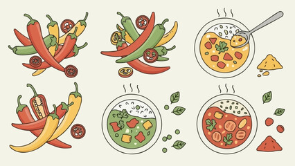 Colorful chili peppers and bowls of delicious food illustration.