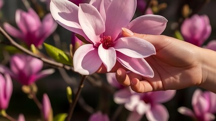 Close up of a hand gently holding a blooming pink magnolia flower