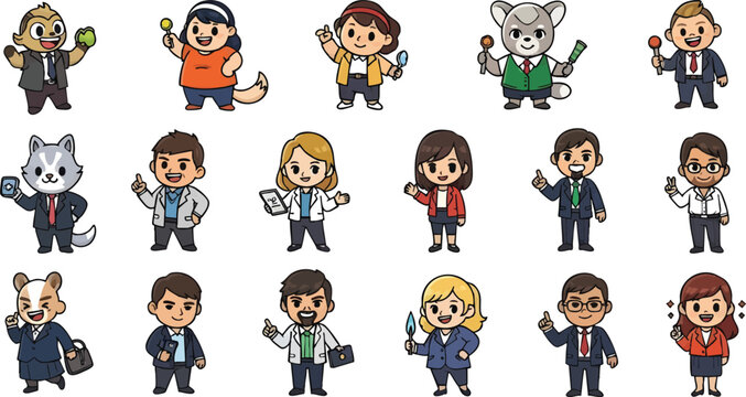 Large collection of diverse chibi cartoon characters vector illustration set. Cute business professionals, doctors, and animal characters in various poses for concepts