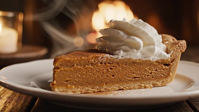 Delicious warm pumpkin pie slice topped with whipped cream served on vintage