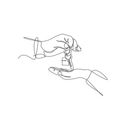 One continuous single drawing line art flat doodle key, hand, give, home, estate, business, buy, house, agent, real. Isolated image hand draw contour on a white background, hand drawn, not AI