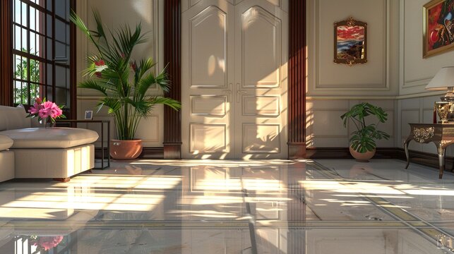 A photo of a living room with updated flooring and trim.