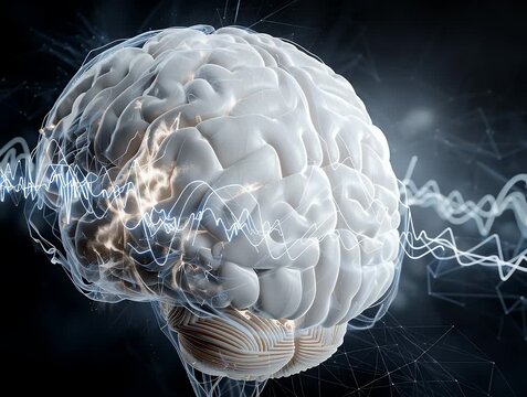 Menschliches Gehirn mit neuronalen Signalen und elektrischen Impulsen