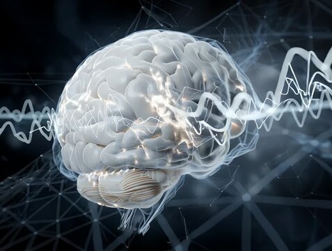 Menschliches Gehirn mit neuronalen Signalen und elektrischen Impulsen