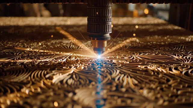 Close-up of a laser cutting machine burning a intricate pattern into a metal sheet with a bright blue flame and sparks.