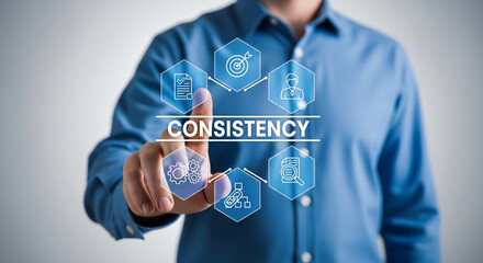 Businessman touches screen displaying consistency icons and goals for business success