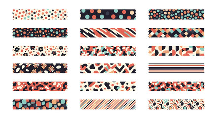 A large and colorful collection of washi tape strips with various modern and abstract patterns for scrapbooking and journaling.
