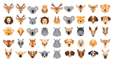Large collection of diverse and adorable cartoon animal faces including forest wildlife and pets for avatars or icons on a white background.