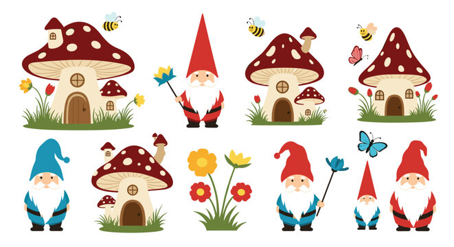 A magical collection of cute garden gnomes with mushroom houses colorful flowers and flying bees perfect for fairytale designs.