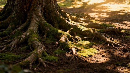 Massive moss-covered roots of an old, imposing tree spread across the forest floor in warm, dappled sunlight.