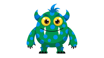 A Green Fluffy Monster With Blue Polka Dots And Blue Spiky Hair And Small Horns Staring Forward With A Playful Expression On A Black Background