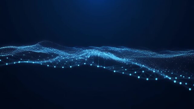 Abstract digital landscape with glowing blue nodes and connections, conveying a sense of technology and depth.