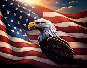 Majestic bald eagle stands proudly before a vibrant, waving national flag under a radiant golden sky, embodying the enduring spirit of a nation built on liberty and strength