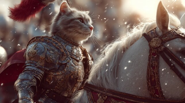 A regal feline clad in shining armor rides a warhorse, observing a snowy battle scene, in a fantastical depiction