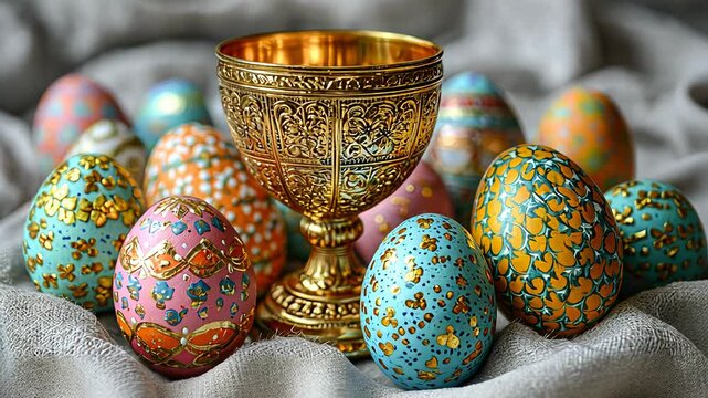A golden chalice is surrounded by colorful, speckled Easter eggs, creating a festive and elegant spring holiday scene.
