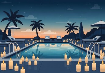 Romantic getaway illustration with candlelit pool under twilight skies