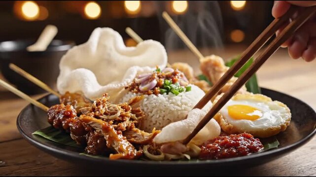 Authentic Indonesian Nasi Campur featuring aromatic shredded chicken, Sate, chili Sambal, fried egg, and Kerupuk, being eaten with chopsticks in a warm restaurant setting.