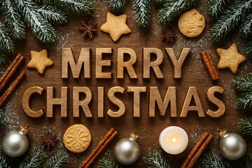 Rich Red Holiday Background with Golden Merry Christmas Text, Cinnamon Sticks, Gold Ornaments, and Star-Shaped Cookies or Decorations