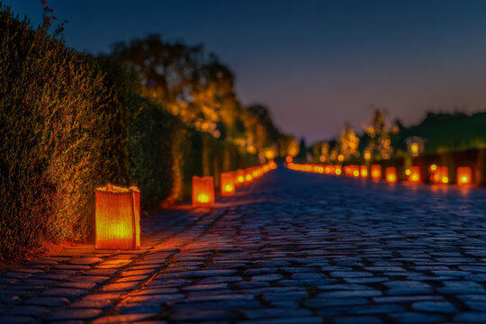 Glowing luminaria bags lining a cobblestone pathway at dusk with soft warm lighting that creates a cozy and inviting evening outdoor atmosphere