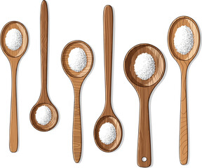 Create a kinds of deferent wooden spoon with white salt vector art with white background..