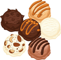 Create a kinds of deferent Chocolate ice cream scoop Vector art with white background.
