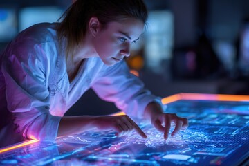 Female Analyst Working with Interactive Digital Data Screen. Concept of technology, innovation, and digital analytics