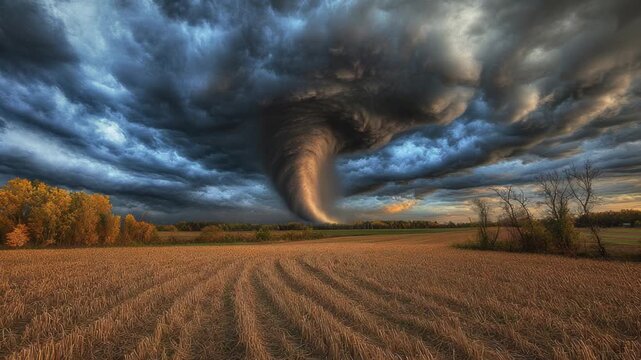 Video A massive tornado cloud looms in the sky above a field, with potential for severe weather