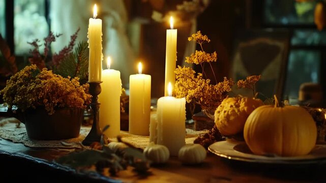 A cozy and festive autumn table setting with candles and a pumpkin, evoking warmth and the spirit of fall festivities.