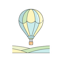 Colorful hot air balloon flying over rolling hills in pastel colors  