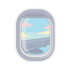 Airplane window view with wing and clouds on blue sky background  