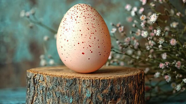 A speckled egg rests on a wooden stump, surrounded by delicate flowers in a rustic, spring-themed still life.
