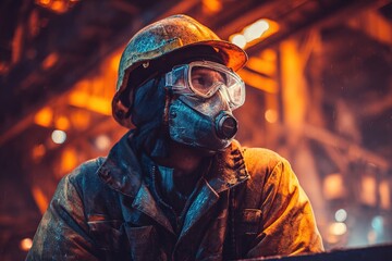 worker stands in an industrial environment wearing helmet and mask. scene shows machinery and bright lights in background. worker seems focused on the task